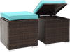 Two-piece patio ottoman set with turquoise removable cushions and storage, made of durable hand-woven PE rattan.