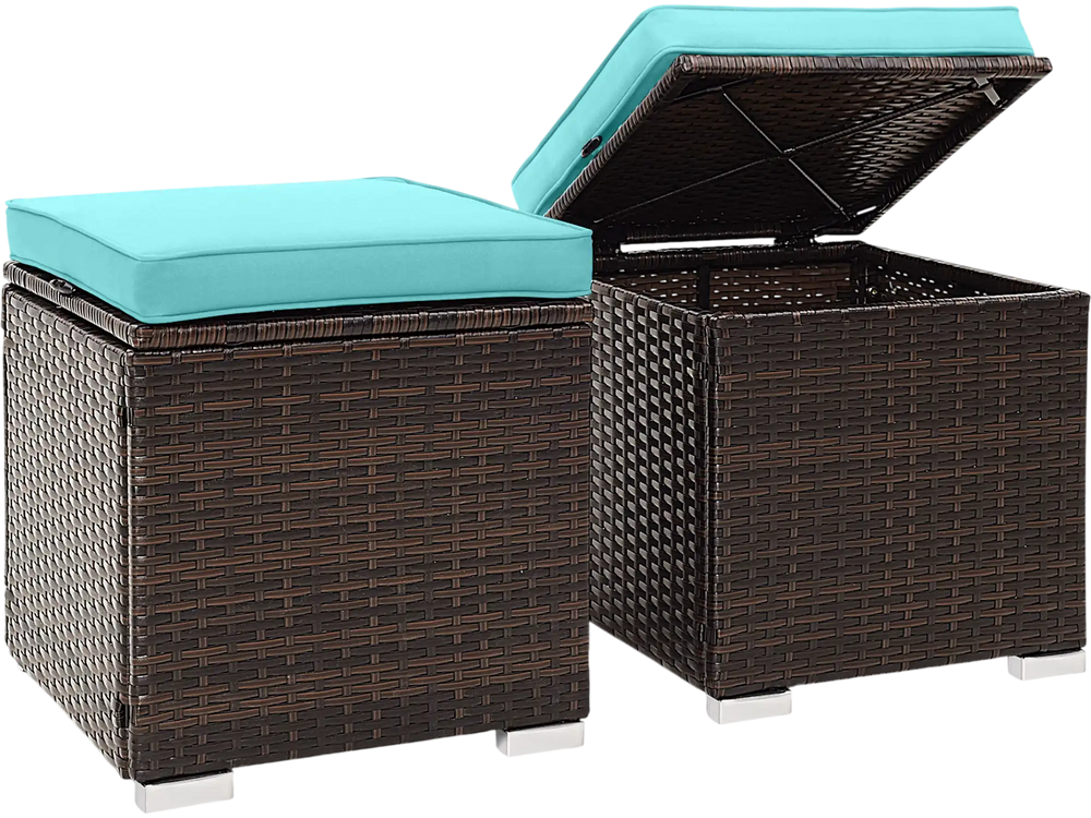 Two-piece patio ottoman set with turquoise removable cushions and storage, made of durable hand-woven PE rattan.