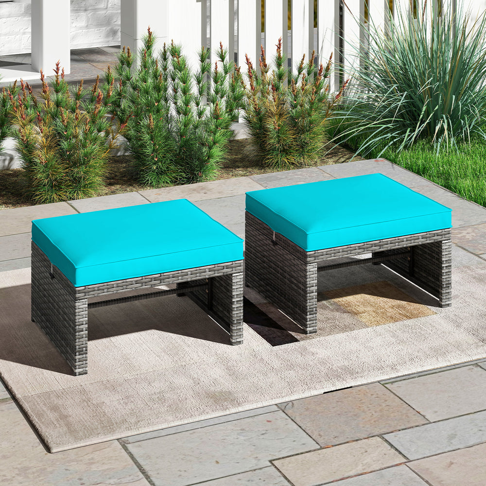 2 Pieces Patio PE Rattan Ottomans with Soft Zippered Cushions for Deck-Green - Gallery View 1 of 9
