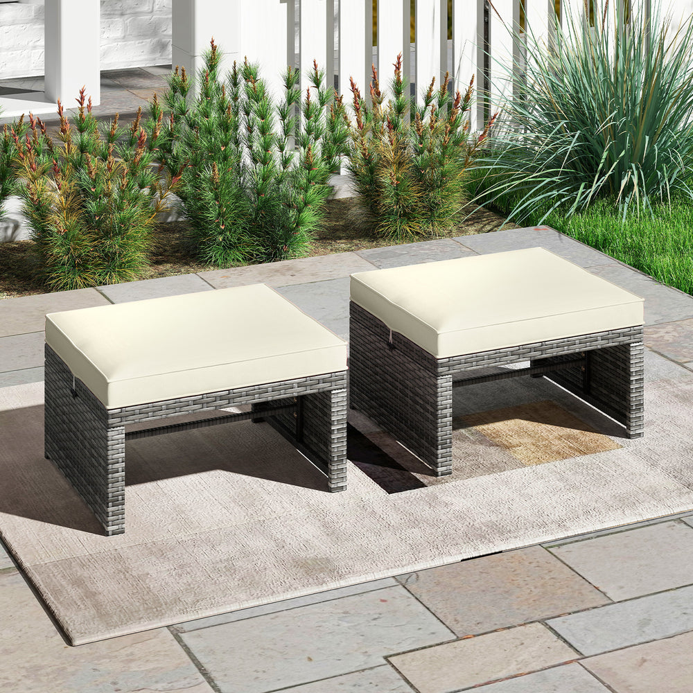 2 Pieces Patio PE Rattan Ottomans with Soft Zippered Cushions for Deck-White - Gallery View 1 of 9