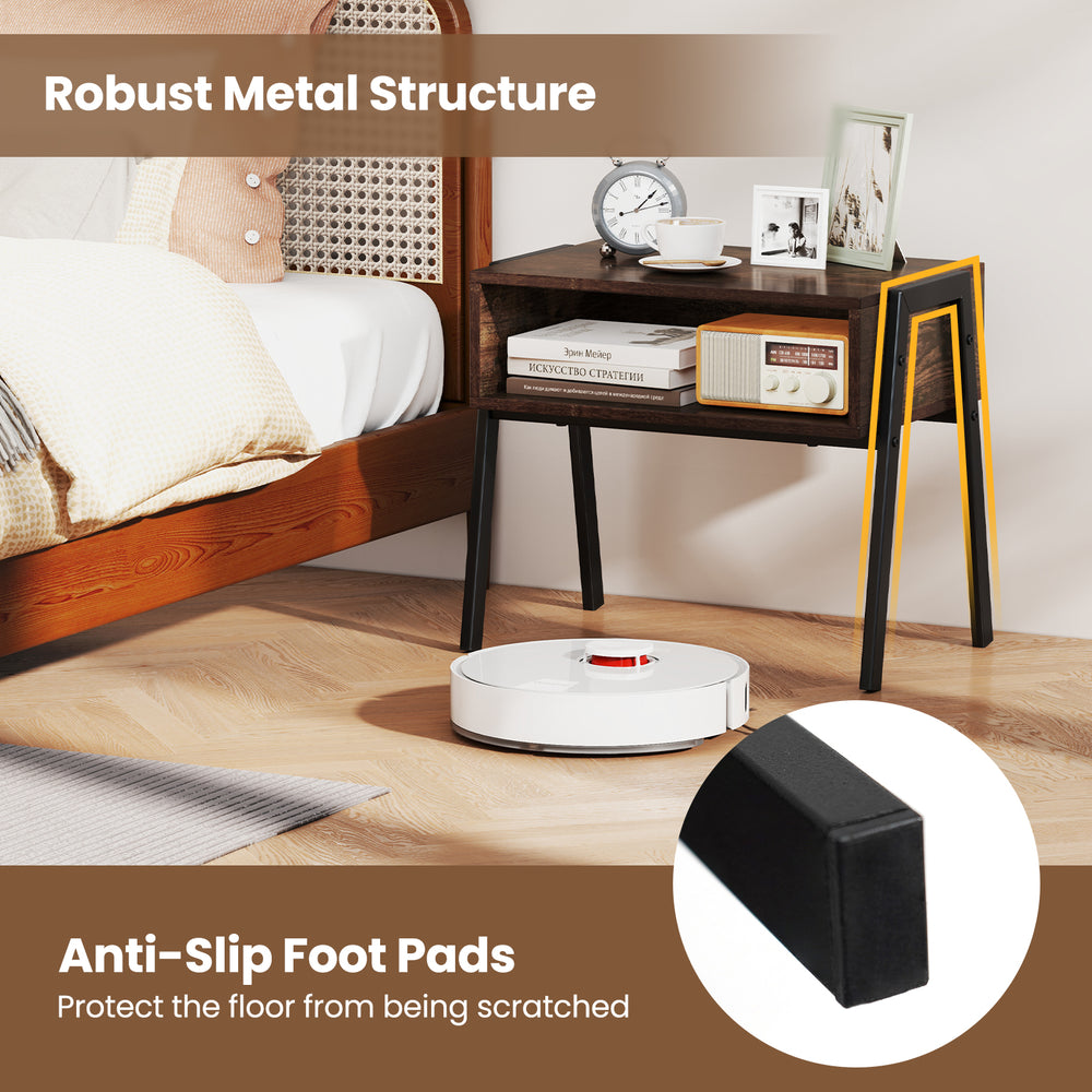 Stackable bedside table set with spacious storage, sturdy steel frame, and anti-slip foot pads for floor protection.