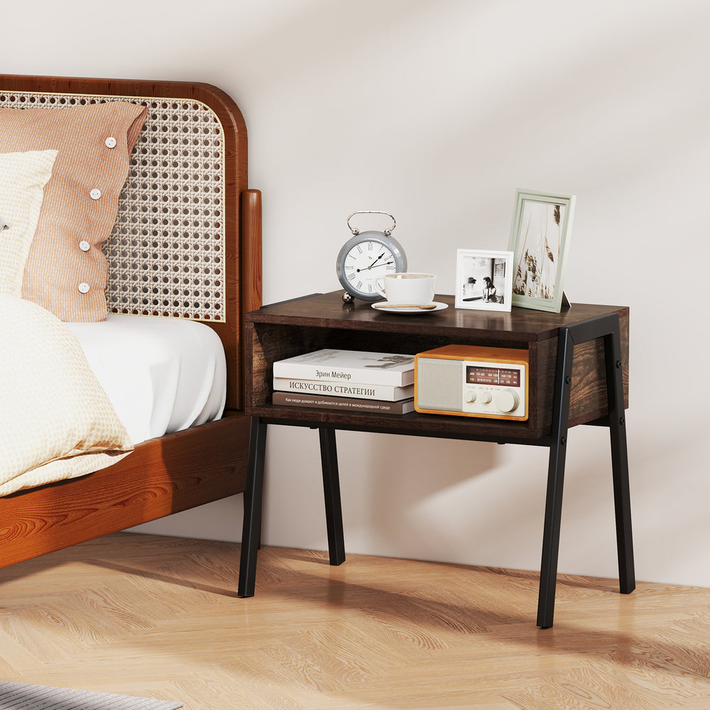 Stackable nightstand with spacious tabletop and open storage, featuring a retro design and sturdy steel frame for.
