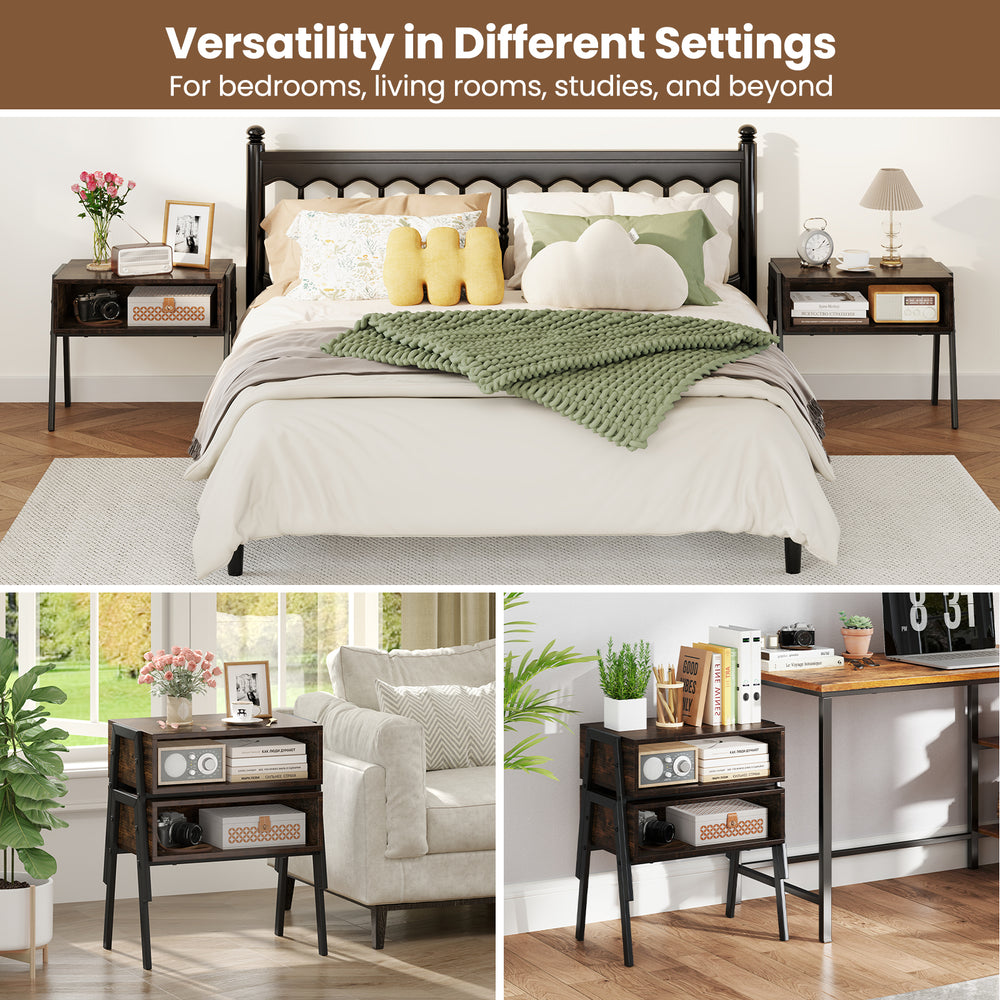 Stackable bedside tables with spacious storage, retro style, and sturdy steel frame for versatile home use.