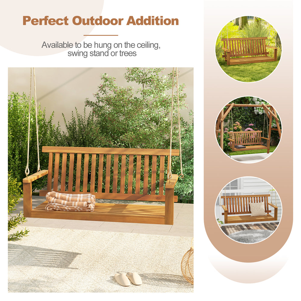 2-seat acacia wood porch swing bench with slatted seat and hanging ropes, ideal for backyard or garden relaxation.