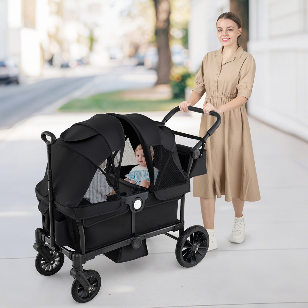2 Seater Push Pull Collapsible Kids Wagon Stroller with Adjustable Handlebars-Black - Gallery View 1 of 10