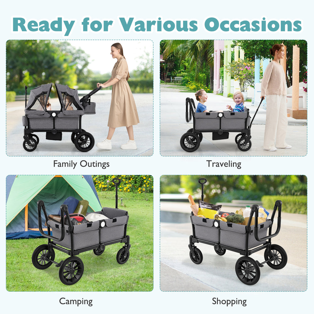 Collapsible 2-seater kids wagon stroller in gray with adjustable handlebars, perfect for family outings and shopping.