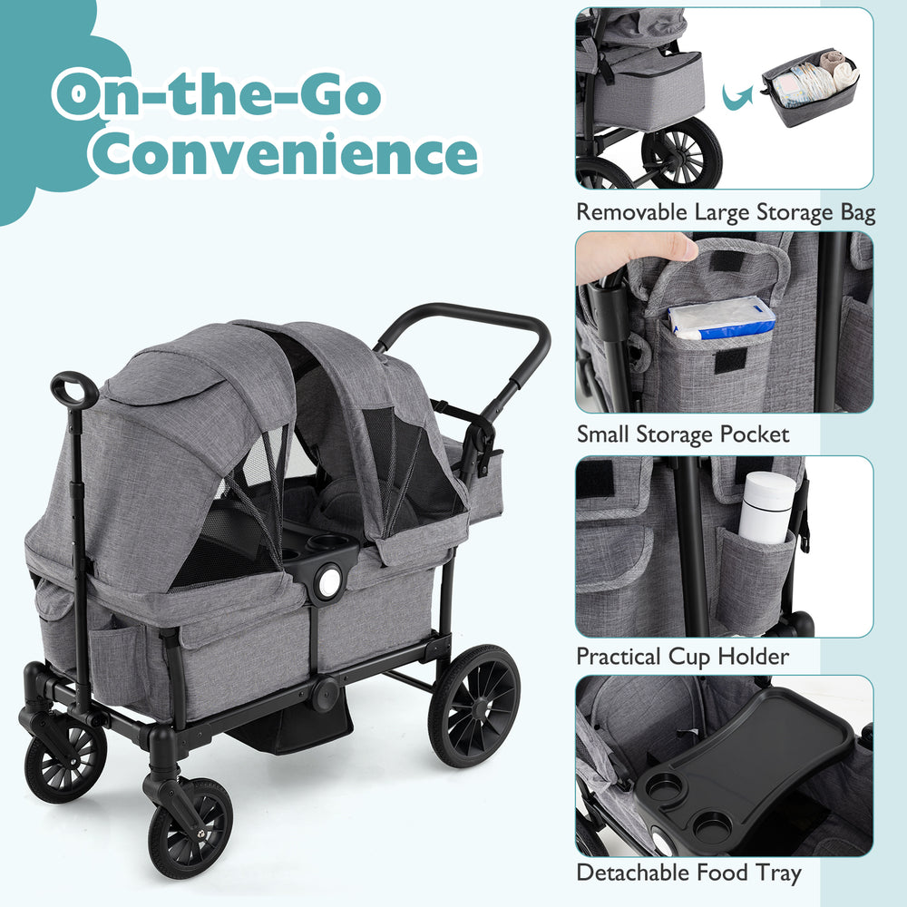 2-seater gray kids wagon stroller with adjustable handlebars, removable storage bag, and practical cup holder for.