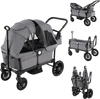 2-seater gray kids wagon stroller with adjustable handlebars, safety harness, and collapsible design for easy storage.