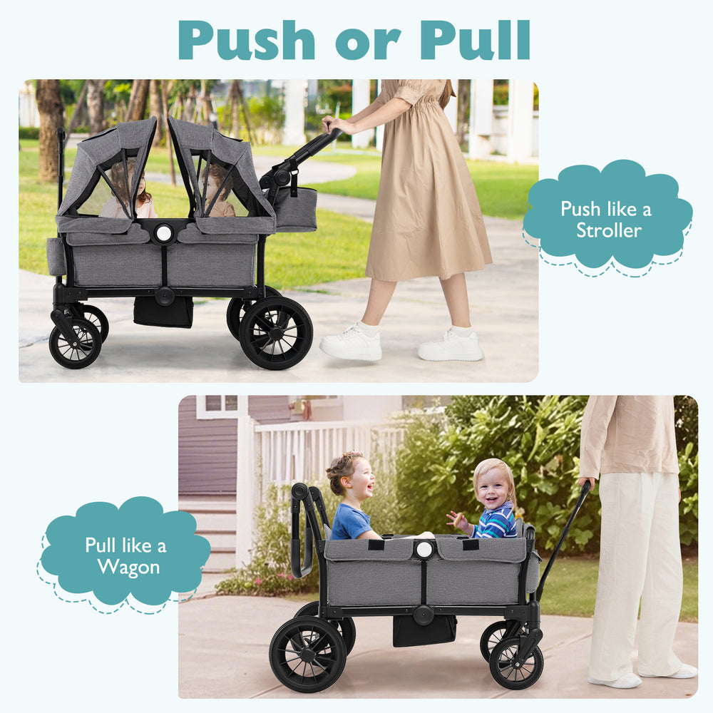 2-seater gray kids wagon stroller shown in push mode, featuring adjustable handlebars and sun canopy for comfort.