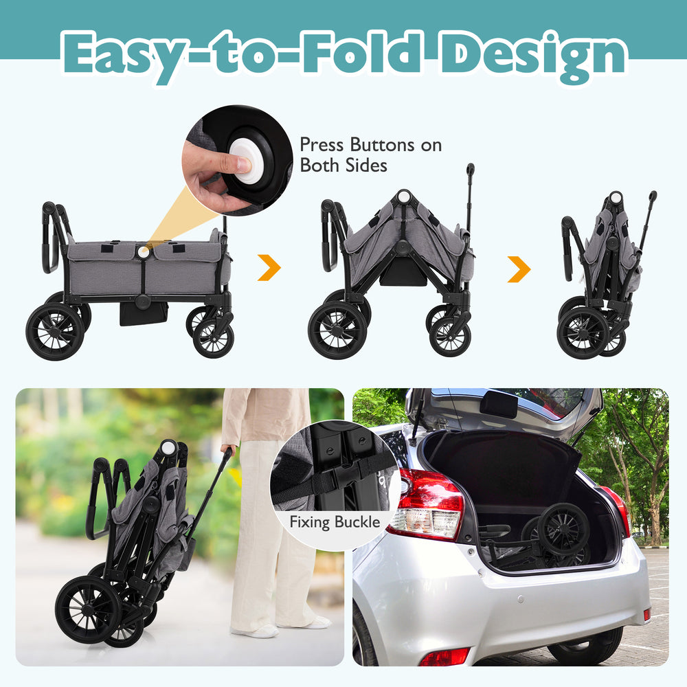 Collapsible 2-seater kids wagon stroller in gray, showcasing easy folding design and adjustable handlebars for.