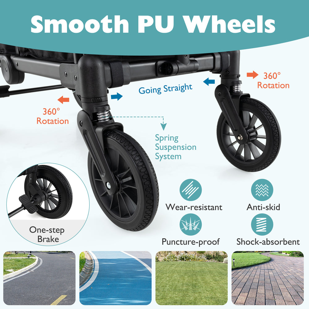 Close-up of the smooth PU wheels on the gray 2-seater push-pull stroller, featuring anti-skid and wear-resistant design.