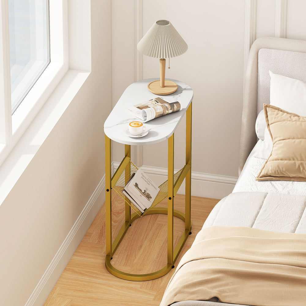 Narrow industrial oval side table with white MDF top and mesh shelf, perfect for bedside or small spaces.