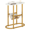 Narrow industrial oval side table with a gold steel frame and mesh shelf, ideal for snacks and magazines in tight.