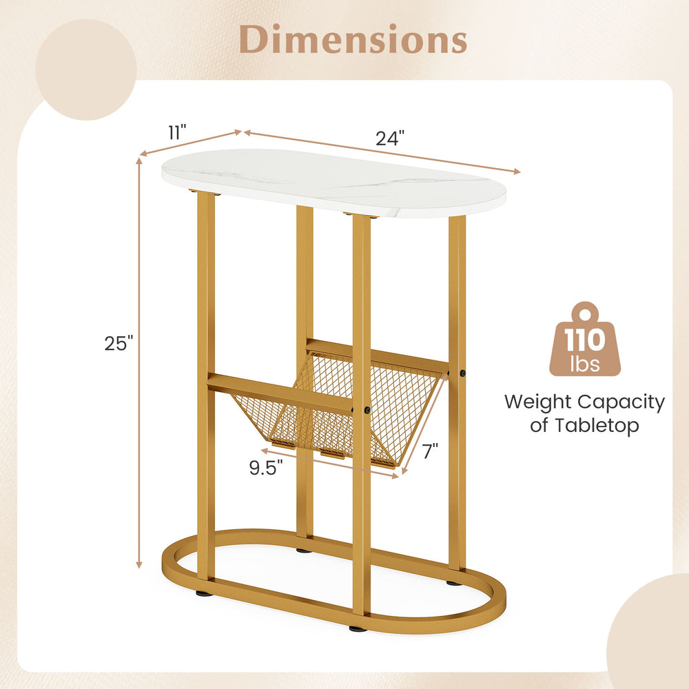 Dimensions of the narrow 2-tier industrial oval side table with white top and mesh shelf, ideal for maximizing storage.
