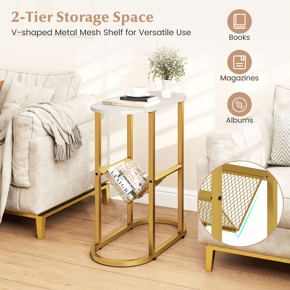 Narrow 2-tier industrial side table with a white top and mesh shelf, perfect for small spaces and versatile use.