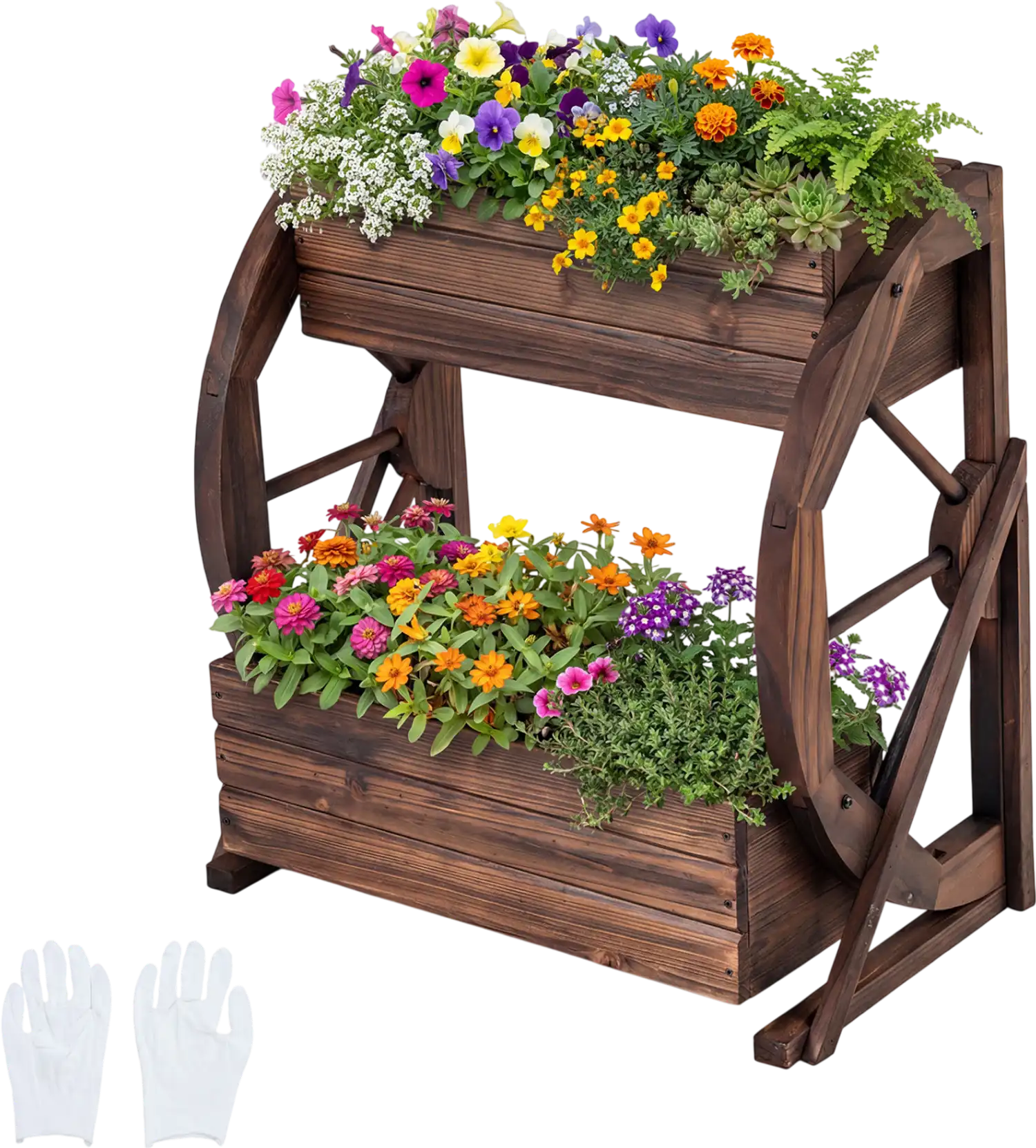 Costway 2-Tier Rustic Wood Wagon Raised Garden Bed Planter w/ Drainage Holes Semi-Wheels 33279822 New