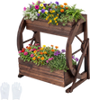 2-tier rustic wood wagon planter with vibrant flowers, featuring drainage holes and semi-wheels for decorative use.