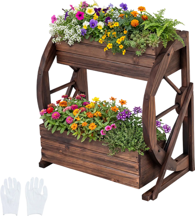 Costway 2-Tier Rustic Wood Wagon Raised Garden Bed Planter w/ Drainage Holes Semi-Wheels 33279822 New