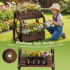 2-tier rustic wood wagon planter with drainage holes, perfect for flowers and potted plants in any garden setting.
