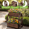 2-tier rustic wood wagon planter with vibrant flowers, featuring drainage holes and decorative semi-wheels for outdoor.