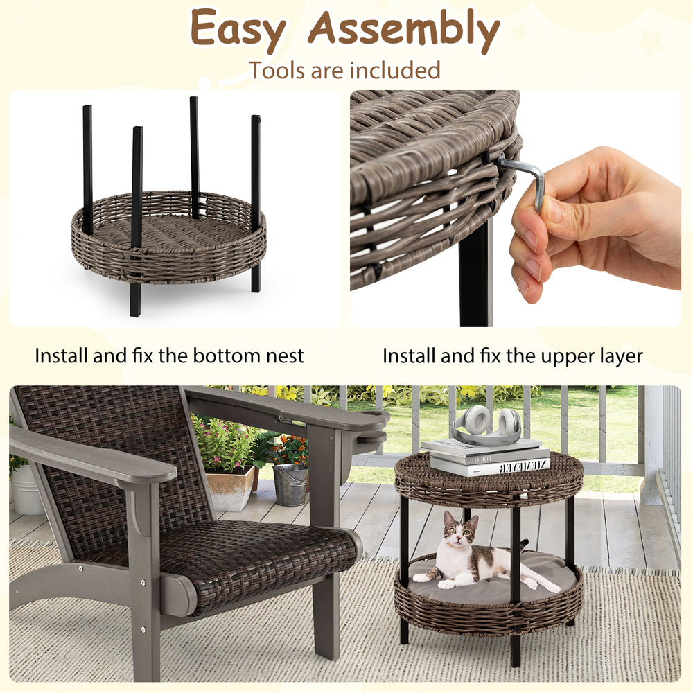 2-tier rattan cat nest in gray with removable cushion, featuring easy assembly and elevated design for ventilation.