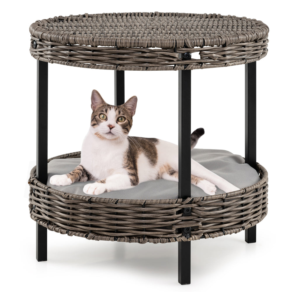 2-tier rattan cat nest with removable cushion in gray, featuring elevated design for comfort and observation.