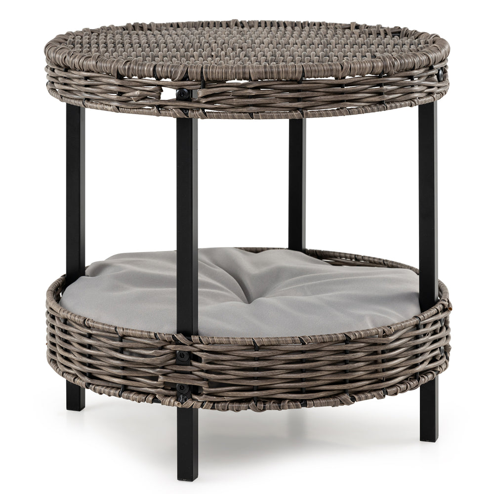 2-tier rattan cat nest in gray with removable padded cushion, elevated design for ventilation and sunbathing.