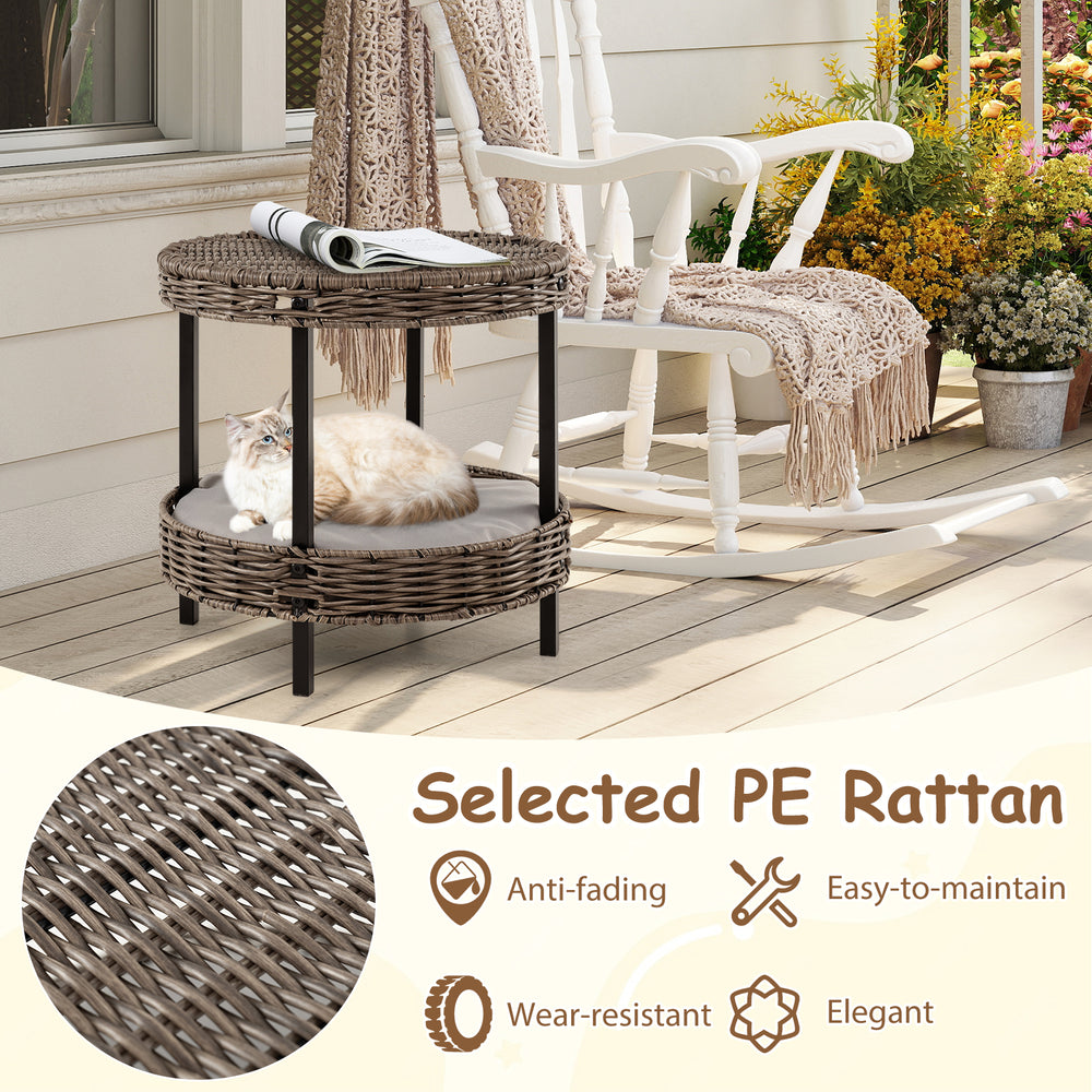 2-tier rattan cat nest in gray with removable cushion, designed for comfort and observation, perfect for indoor or.