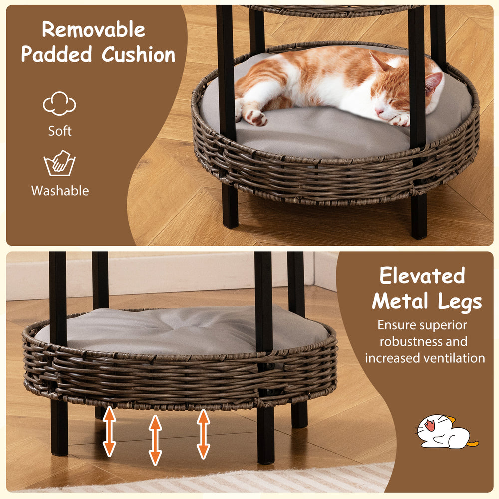 2-tier rattan cat nest with removable gray padded cushion and elevated metal legs for added ventilation and comfort.