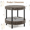 2-tier rattan cat nest with removable gray cushion, featuring elevated design and sturdy metal legs for ventilation.