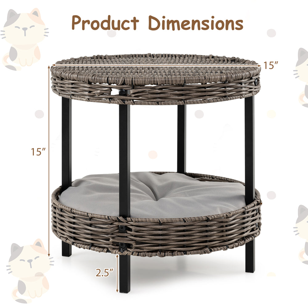 2-tier rattan cat nest with removable gray cushion, featuring elevated design and sturdy metal legs for ventilation.