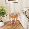 2-tier round end table with solid rubber wood legs, showcasing a smooth surface and mid-century modern design for.
