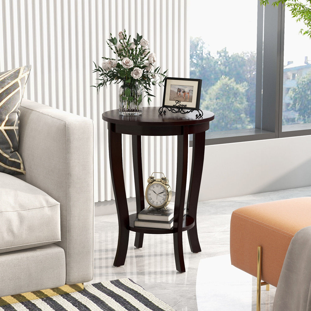 2-tier Round End Table with Solid Wood Legs-Espresso - Gallery View 1 of 10