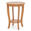 Round end table with solid rubber wood legs, featuring a 2-tier design for storage, ideal for living room or bedroom.
