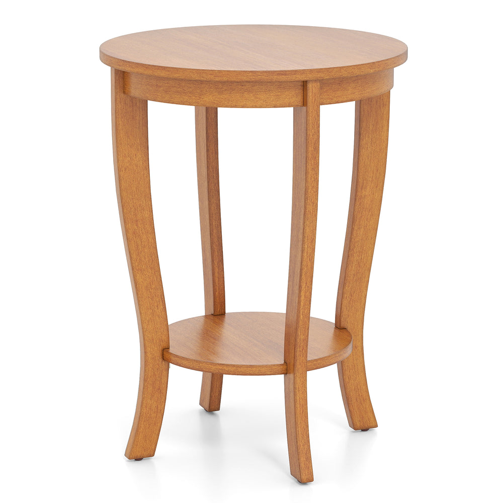 Round end table with solid rubber wood legs, featuring a 2-tier design for storage, ideal for living room or bedroom.