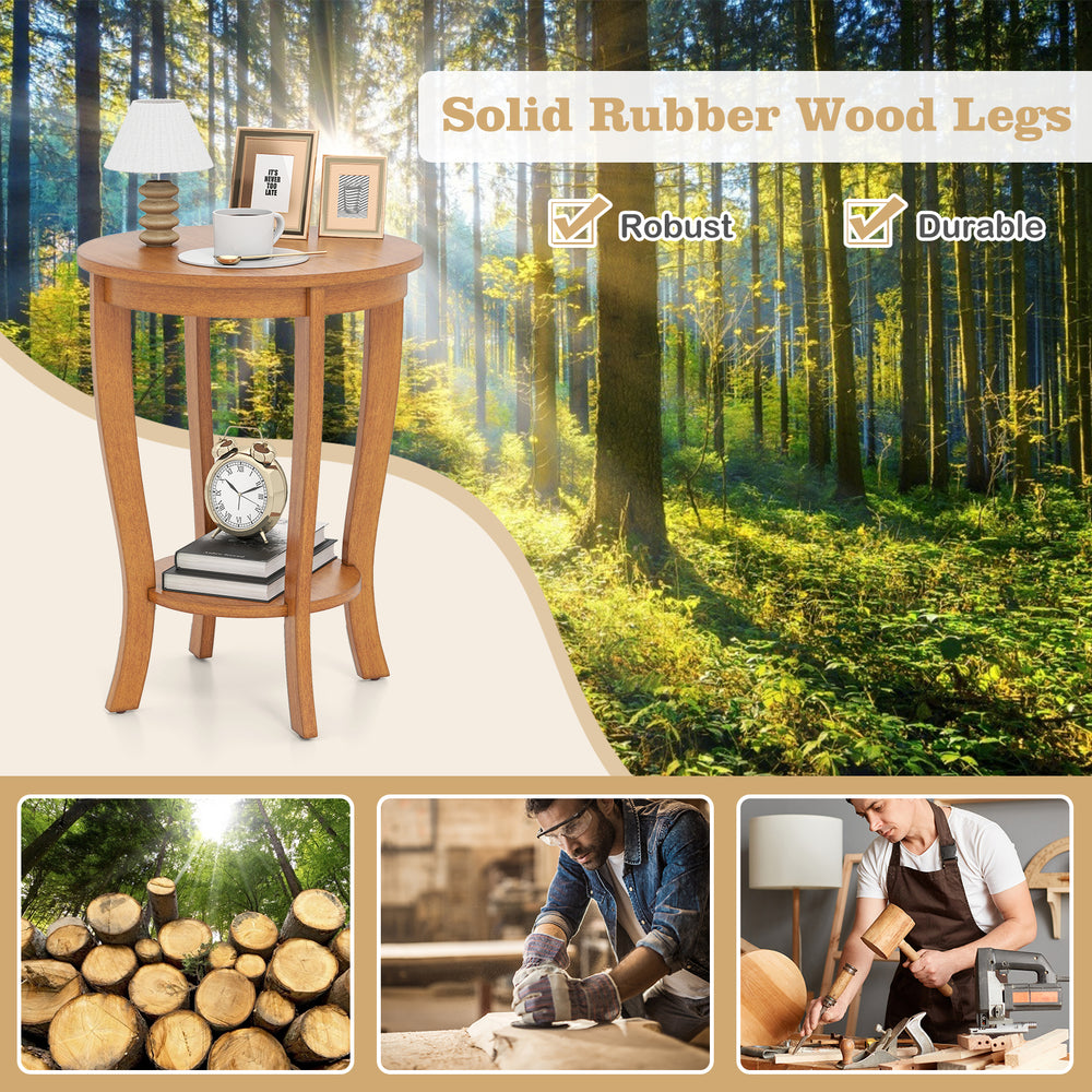 2-tier round end table with solid rubber wood legs, featuring a natural finish, ideal for living room or bedroom use.