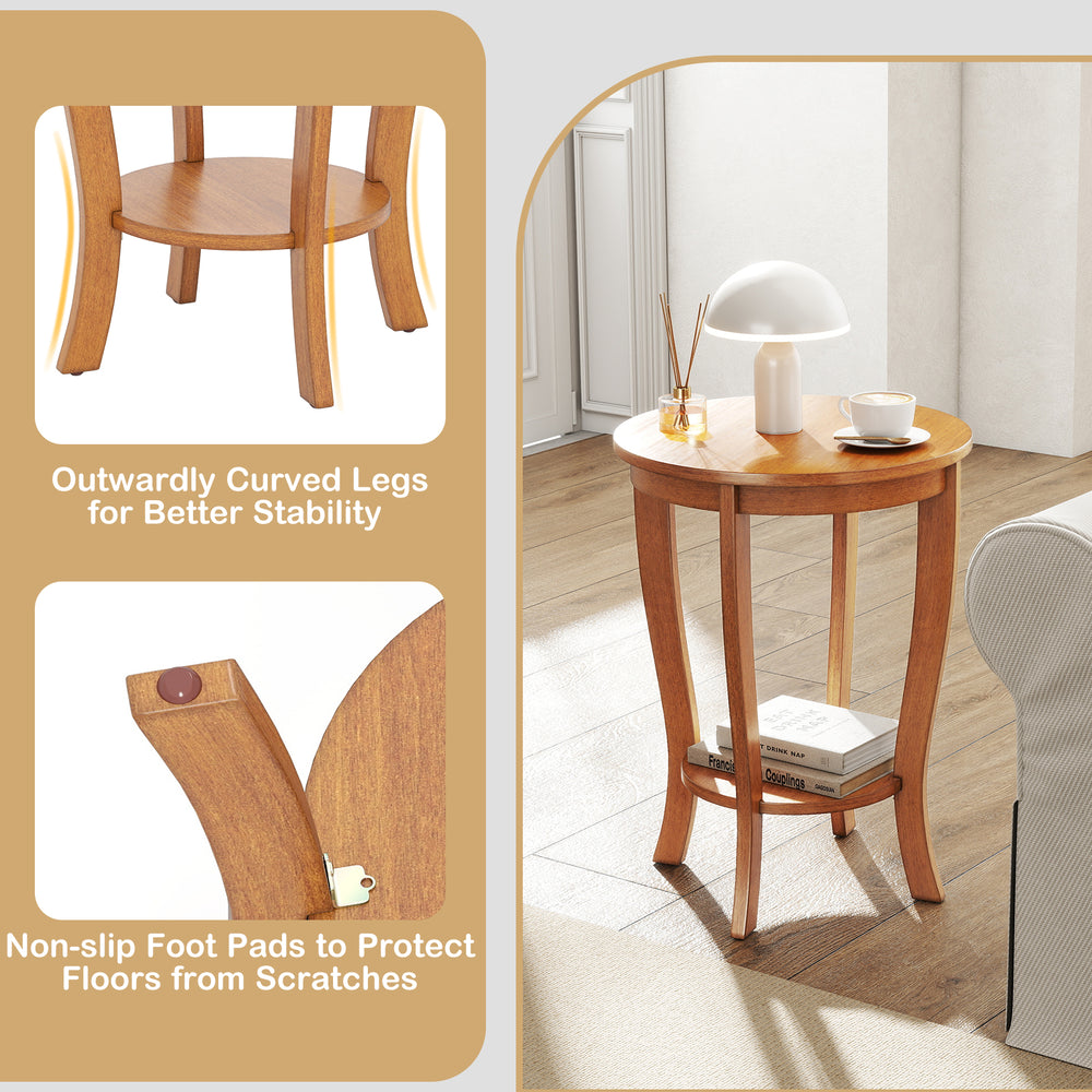 2-tier round end table with solid rubber wood legs, featuring non-slip foot pads for stability and floor protection.
