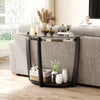 Half-moon tempered glass console table with black legs, featuring an open shelf for storage and decorative items.