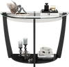 Open shelf of the 2-tier console table showcasing decorative items, with a sleek half-moon tempered glass top and black.