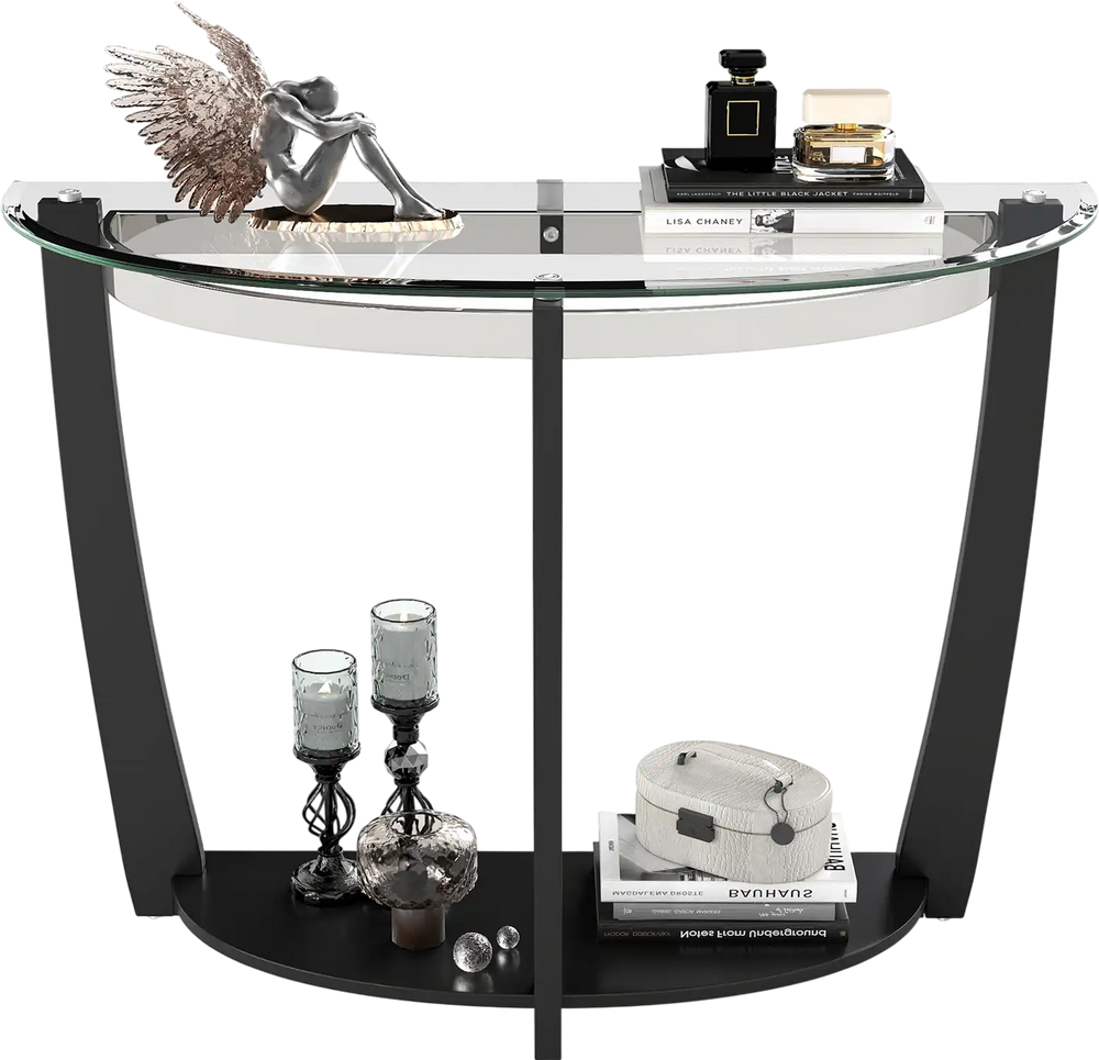 Open shelf of the 2-tier console table showcasing decorative items, with a sleek half-moon tempered glass top and black.