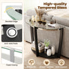 2-tier console table featuring a half-moon tempered glass top, black rubber-wood legs, and open shelf for stylish.