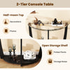 Half-moon top 2-tier console table with tempered glass and open shelf for decorations and storage in black finish.