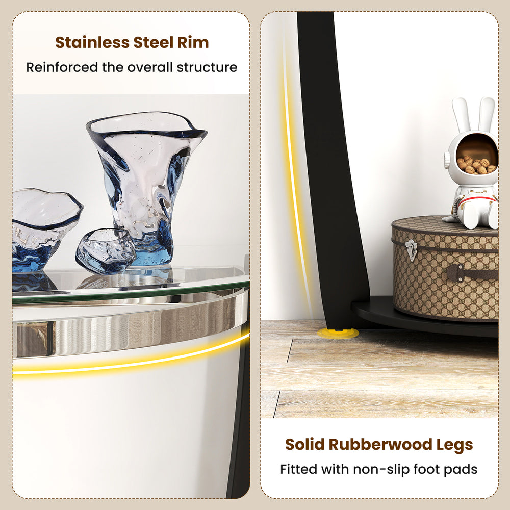 Tempered glass console table with a half-moon top, stainless steel rim, and solid rubberwood legs for stability.