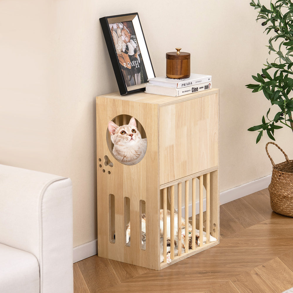 2-tier wooden cat condo with removable cushions, featuring a large entry and air vents for ventilation, perfect for.