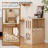 2-tier wooden cat condo with removable cushions, featuring a symmetrical design and large entry for easy access.
