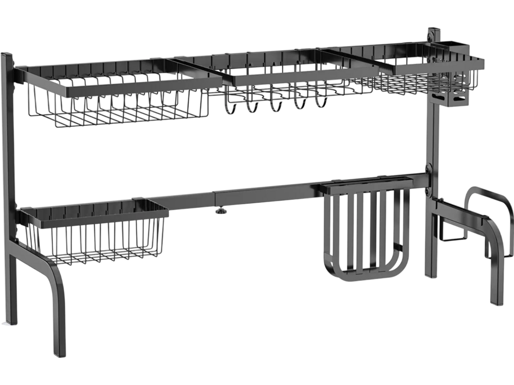 2 Tier Adjustable Over Sink Dish Drying Rack with 8 Hooks