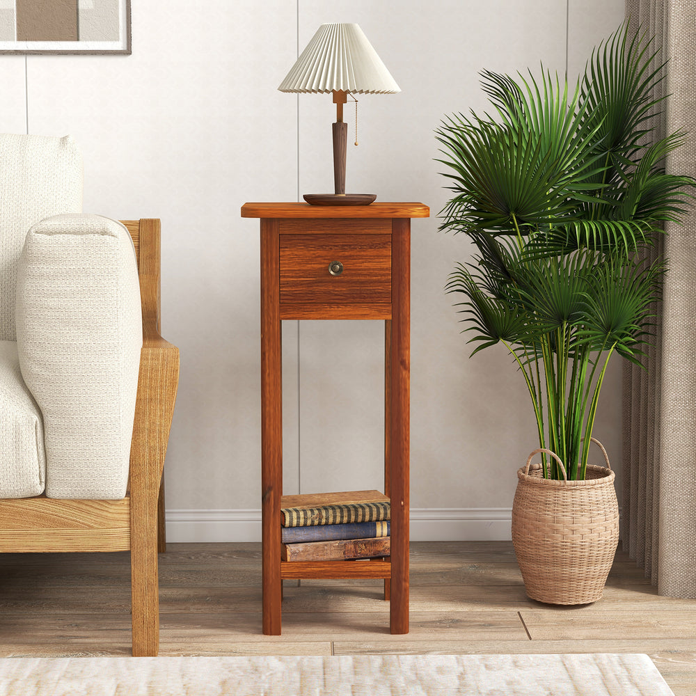 Slim brown nightstand with drawer and open shelf, made of acacia wood, perfect for bedroom or living room use.