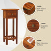 Slim brown nightstand with drawer and open shelf, made of acacia wood for easy cleaning and stable support.
