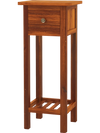 Slim brown nightstand with a drawer and open shelf, made of acacia wood and MDF, perfect for bedroom or living room use.