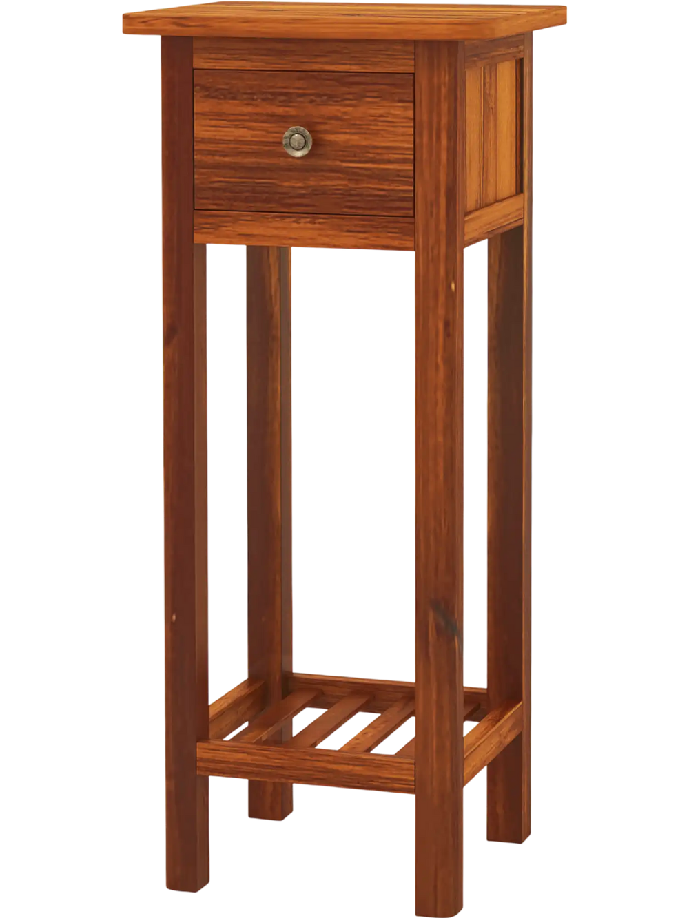 Slim brown nightstand with a drawer and open shelf, made of acacia wood and MDF, perfect for bedroom or living room use.